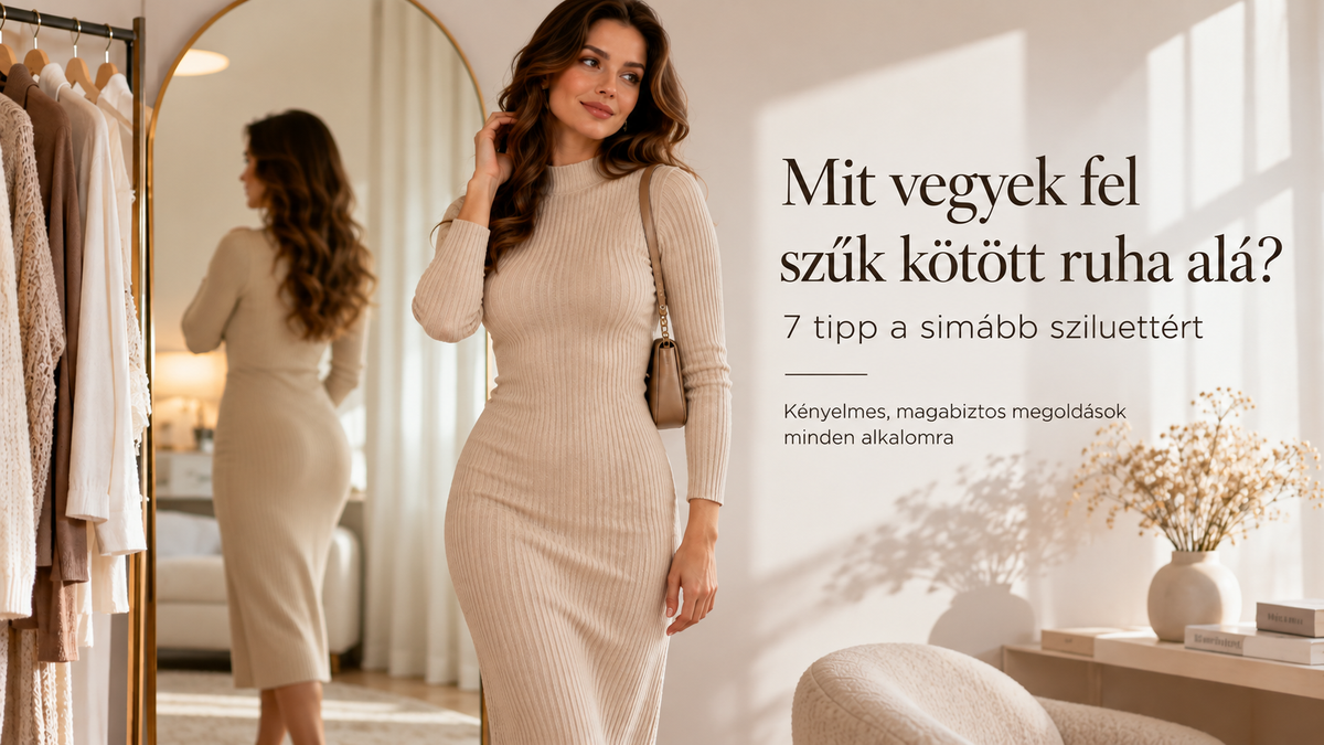 Bézs, hosszabb kötött midi ruhát viselő nő – 7 tipp a simább sziluettért
