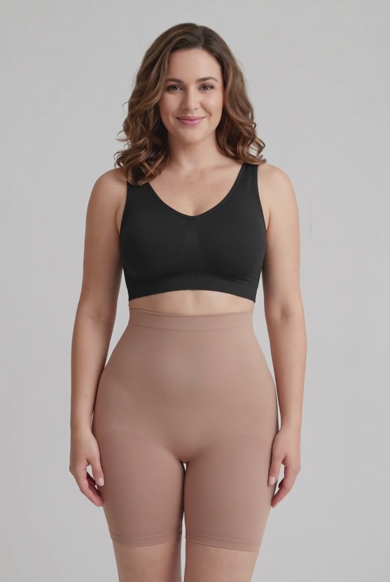 Beige high-waisted compression shorts