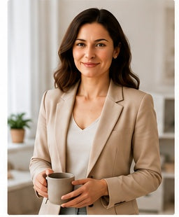 A woman with dark brown hair wearing a beige blazer over a cream top, holding a gray ceramic mug in a bright, modern indoor setting.